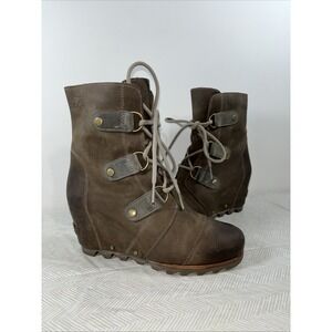 Sorel Womens 7 Brown Joan Of Arctic Wedge Leather Boot Bootie Moto NL2173-005